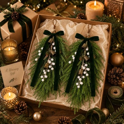 Green 2 Pack Christmas Pine Needle Berries Teardrop Door Swag Wreath Decor