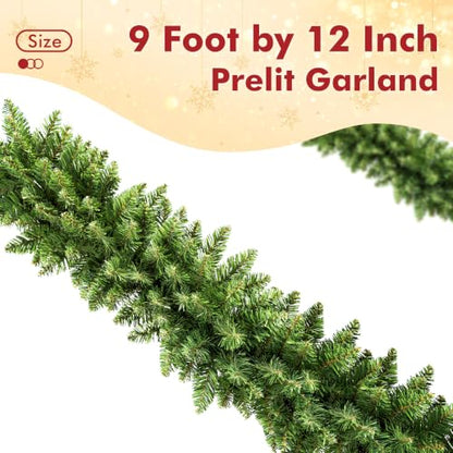 9FT Prelit Christmas Garland with Battery Timer - Green Artificial Pine with LED Lights - Indoor Outdoor Holiday Decor - 1 Count