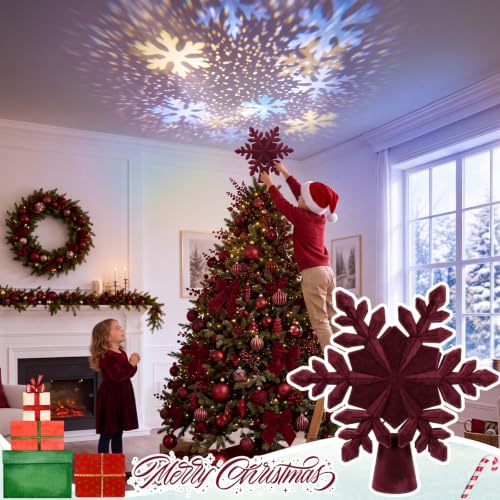 Burken Red Velvet Christmas Tree Topper with LED Snowflake Projector - Elegant Holiday Decor