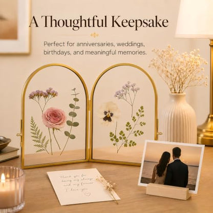 Double Glass Pressed Flower Frame - Gold 5x7 Inch Floating Picture Frame - Arched Design