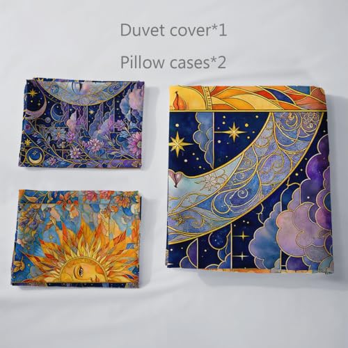 Queen Duvet Cover Set with Sun Moon Floral Mosaic - Celestial Microfiber Bedding