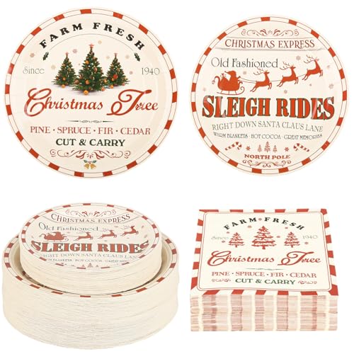 Christmas Farmhouse Paper Plate and Napkin Set - Vintage Holiday Tableware
