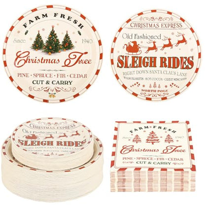 Christmas Farmhouse Paper Plate and Napkin Set - Vintage Holiday Tableware