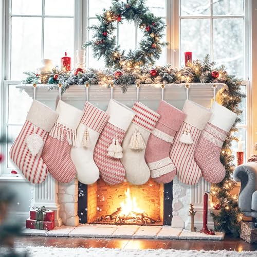 Christmas Stockings 8 Pack - 20-Inch Rustic Farmhouse Holiday Decor - Red Set of 8