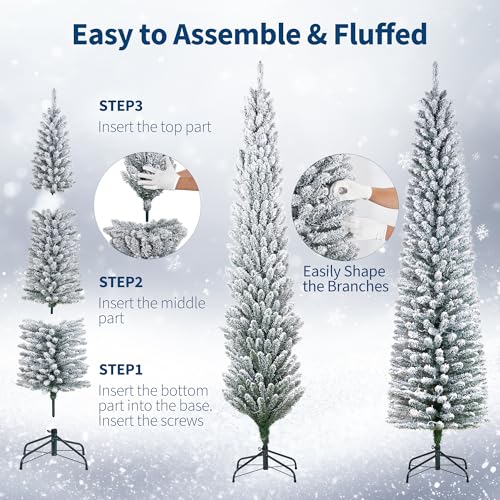 6ft Snow-Flocked Artificial Christmas Tree with Pre-Lit LED Lights - Pencil Shape, Hinged Branches, Metal Stand