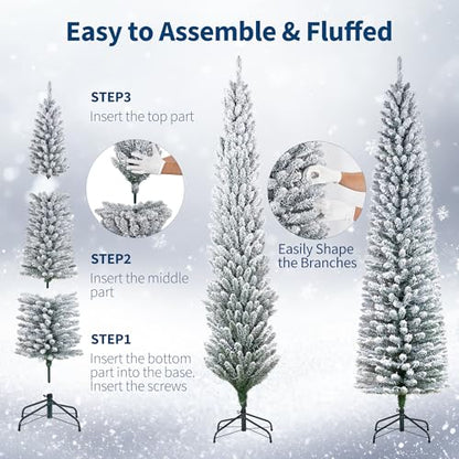 6ft Snow-Flocked Artificial Christmas Tree with Pre-Lit LED Lights - Pencil Shape, Hinged Branches, Metal Stand