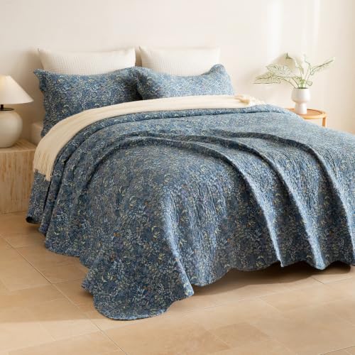 Navy Blue Floral Oversized King Bedspread 128x120 - Cotton Quilt Set
