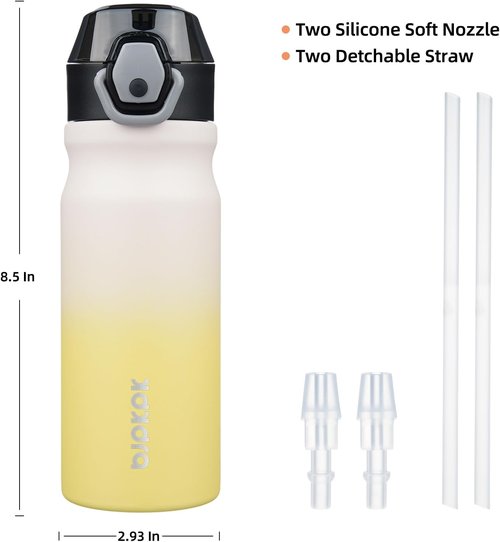 BJPKPK Insulated Water Bottle - 18oz Stainless Steel Flask with Straw & Carry Handle - Lemon Color