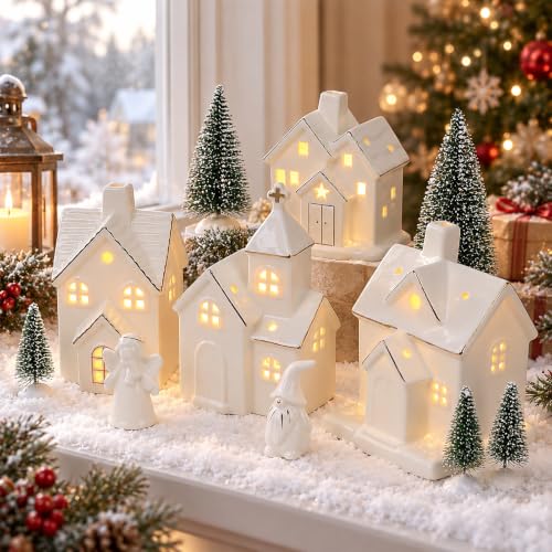 Ceramic Christmas Village Set with Lights and Figurines - Indoor Holiday Decor