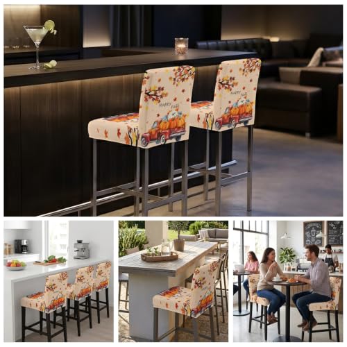 Fall Bar Stool Covers Set of 2 - Harvest Pumpkin Truck & Maple Leaves - Red Orange