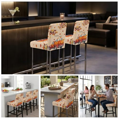 Fall Bar Stool Covers Set of 2 - Harvest Pumpkin Truck & Maple Leaves - Red Orange