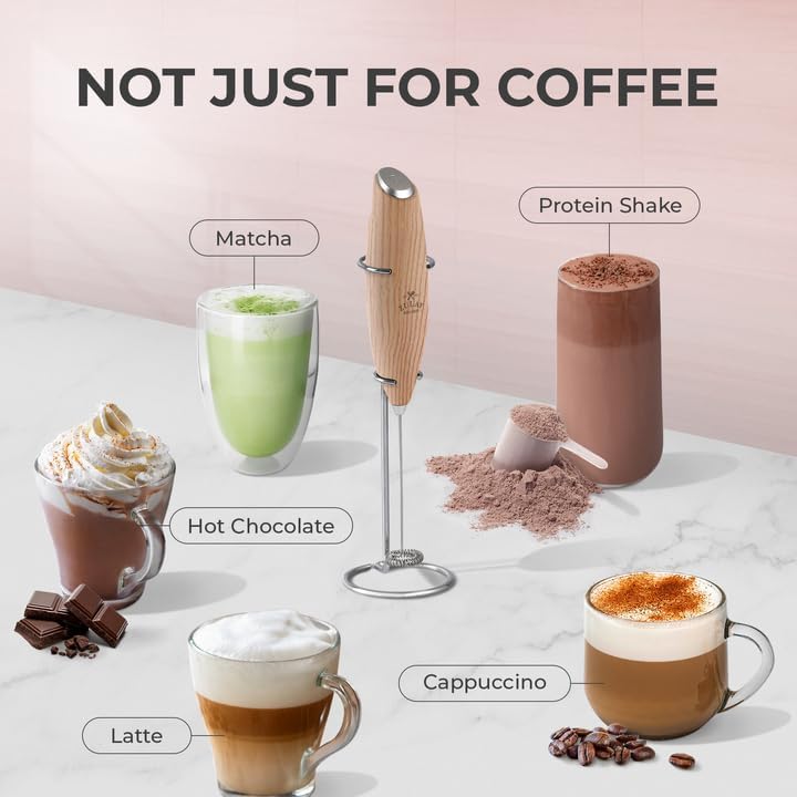 Zulay Kitchen Milk Frother Wand - Ultra-Fast Handheld Mixer for Coffee, Lattes & More - Maple Finish