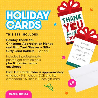 Christmas Thank You Gift Card Holders Set of 8 - Holiday Themed, 4 x 5.5 Inches