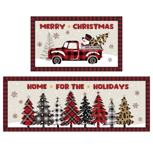Christmas Truck and Tree Kitchen Mat Set - Red Truck Variation