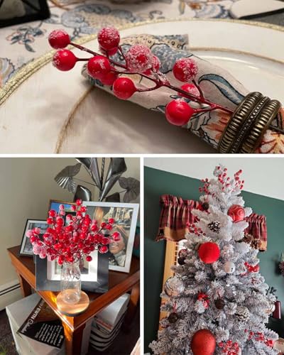 30 Pack Frosted Red Berry Stems for Christmas Decor and Crafts - 8.9 Inch