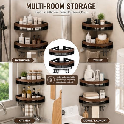 Corner Shower Shelf Walnut Wood & Stainless Steel Caddy - No-Drill Wall Mount
