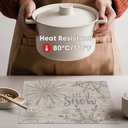 Christmas Placemats Set of 6 12x18 Inches Vinyl Holiday Table Mats - Beige