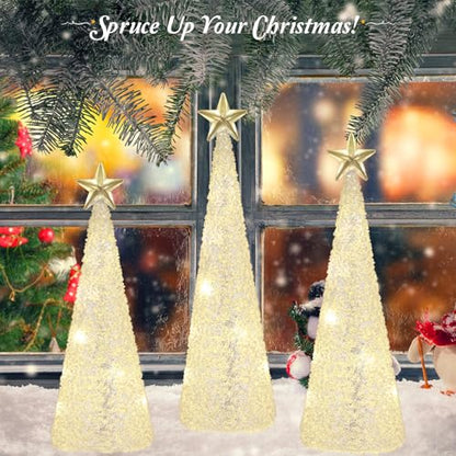 Lewondr LED Glass Christmas Tree Set - White Glitter Beads, 3PCS Variation White