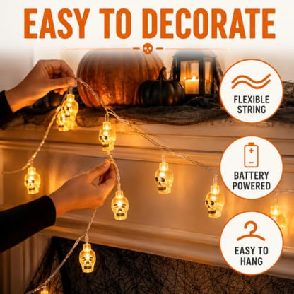 Halloween Skull String Lights - 9.8FT 20 LED Battery Operated - Variation A