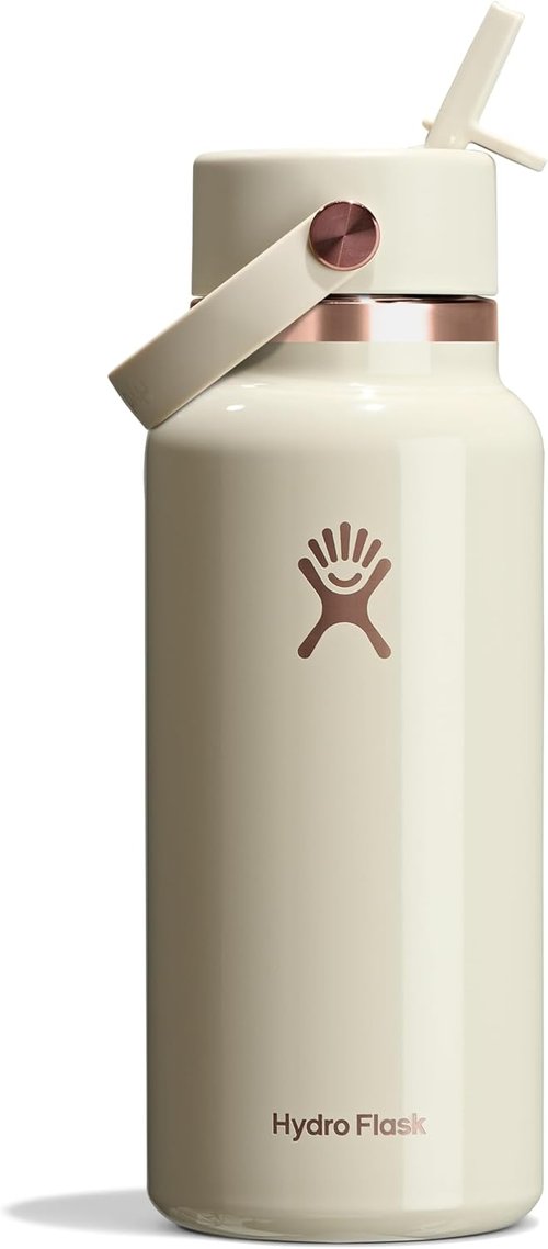 Hydro Flask Water Bottle - Insulated Stainless Steel with Wide Mouth Flex Straw Lid | 32 Oz Linen Rose Gold, Leakproof & Refillable