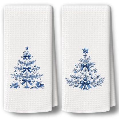 Chinoiserie Christmas Kitchen Towels Set of 2 - Blue Holiday Hand Towels - Variation Christmas-7