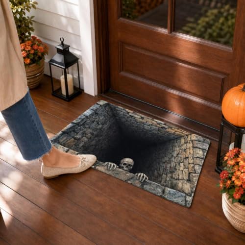 3D Halloween Non-Slip Floor Rug - Optical Illusion Skull Pattern, 2'8" x 1'8" Black