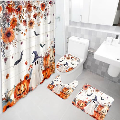Halloween Floral Shower Curtain Set with Ghosts Pumpkins & Flowers - Tiamon