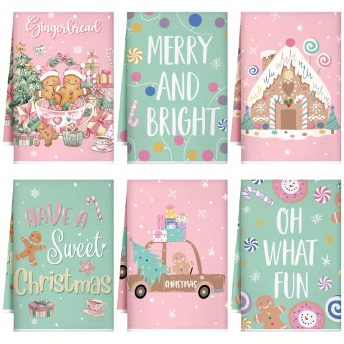 Pink & Green Pastel Gingerbread Christmas Kitchen Towels Set - Candy Land Design