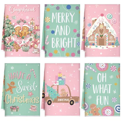 Pink & Green Pastel Gingerbread Christmas Kitchen Towels Set - Candy Land Design