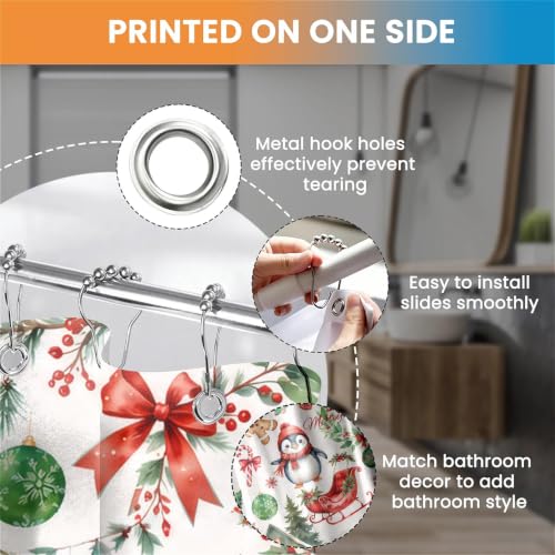 Christmas Shower Curtain Set with Hooks - 72 x 84 Inch Water-Resistant Polyester