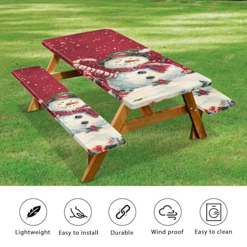 Snowman Picnic Table Cover with Bench Covers - Waterproof Christmas Outdoor Table Cover, 94 x 30 in, Cute Snowman Variation