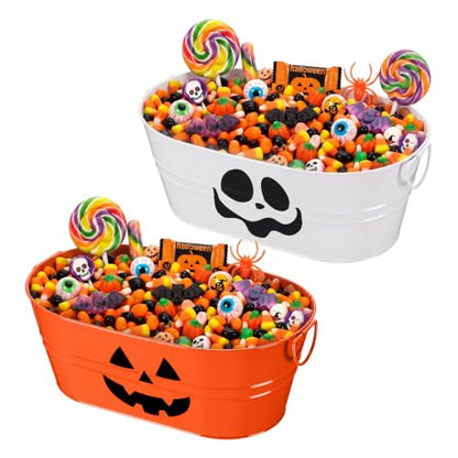 Halloween Galvanized Buckets Set - 4 Gallon Candy & Drink Buckets with Pumpkin Ghost Pattern - Orange & White, Variation: Pumpkin Ghost / Orange, White / 2