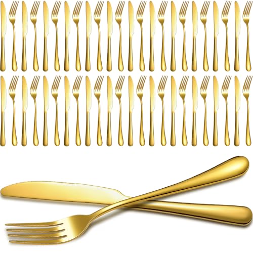 Nuenen Gold Stainless Steel Forks and Knives Set - 50 Pieces, Variation 8.07 x 0.94 & 9.06 x 0.79 Inches