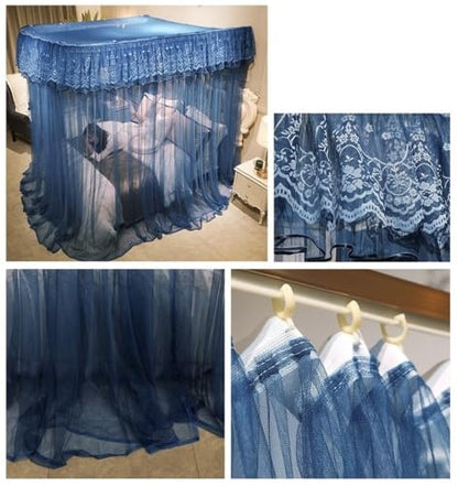 Adjustable U-Shaped Mosquito Net Bed Canopy with 3 Doors - Blue, Fits Queen & King Beds