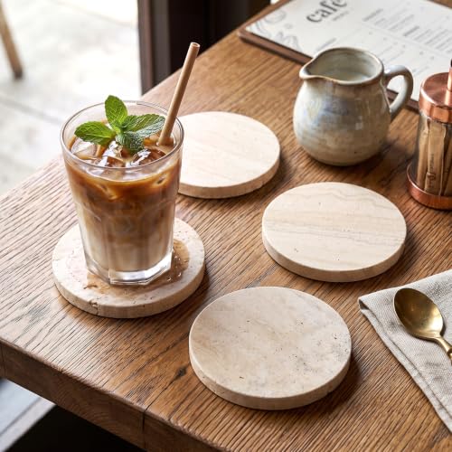 4 Pack 4-Inch Travertine Marble Coasters with Non-Slip Cork Backing