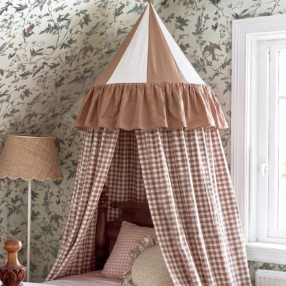 Beige Cotton Gingham Bed Canopy for Cribs & Twin Beds - Dreamy Nap Decor