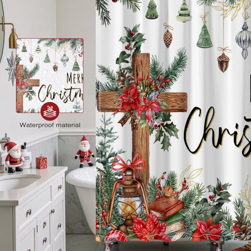 Christmas Shower Curtain with Cross and Pine Branches - 72x72 Inch Waterproof Bathroom Decor