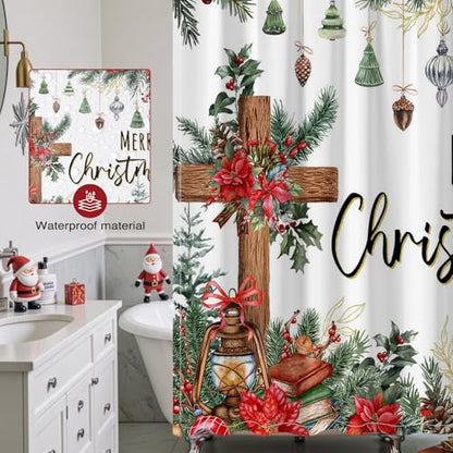 Christmas Shower Curtain with Cross and Pine Branches - 72x72 Inch Waterproof Bathroom Decor