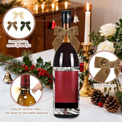 Christmas Bow Wine Bottle Cover Set - 12 Pcs Xmas Party Decor, Velvet Bow Variation