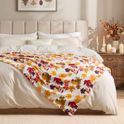 Fleece Blanket for Fall Leaves Design Twin Size 60x80 Inches - Plush Cozy Throw