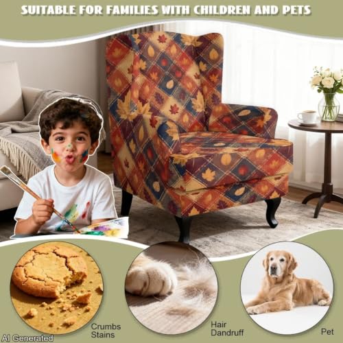 Fall Plaid Maple Leaves Wing Chair Cover 2-Piece Non-Slip Protector
