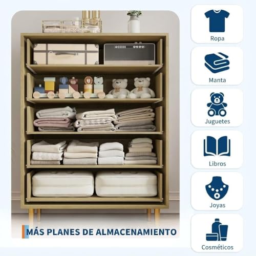 5-Drawer Dresser for Bedroom, 44" Wide, Natural Wood Grain with Gold Handles (31.5"D x 15.6"W x 43.2"H) — 5 Deep Drawers