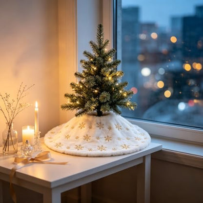Plush Christmas Tree Skirt 11.8 Inch with Gold Snowflakes for Holiday Decor