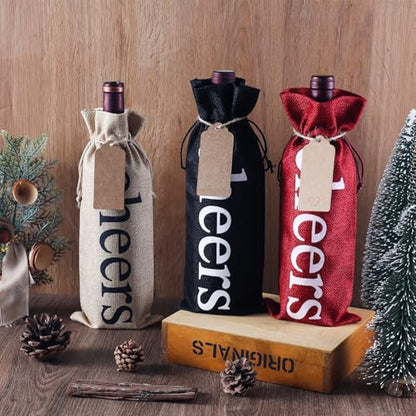 Natural Burlap Wine Bags Set of 12 with Gift Tags - Reusable Holiday Party Gift Wrap
