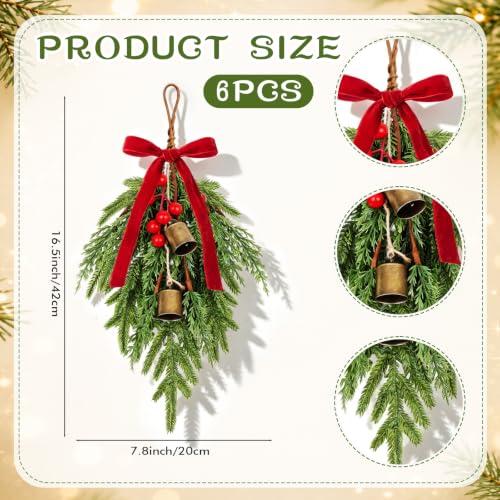 Christmas Teardrop Swag Set with Bows - 6 Mini Norfolk Pine & Cedar Decor with Bells - Red/6 Variation