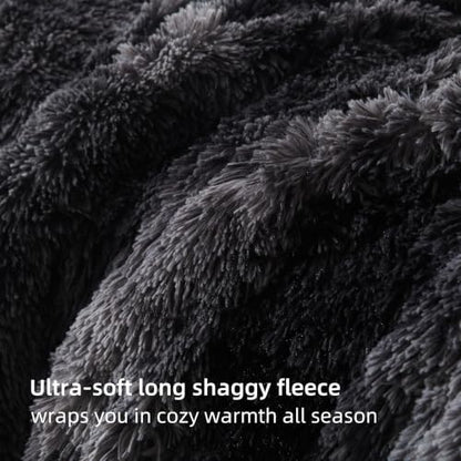 Long Shag Faux Fur Comforter Set - Full Size Black Fluffy Bed Bedding with Tie-Dye Option