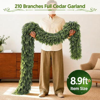 8.9Ft Real Touch Cedar Garland - Artificial Pine Greenery for Christmas Decorations