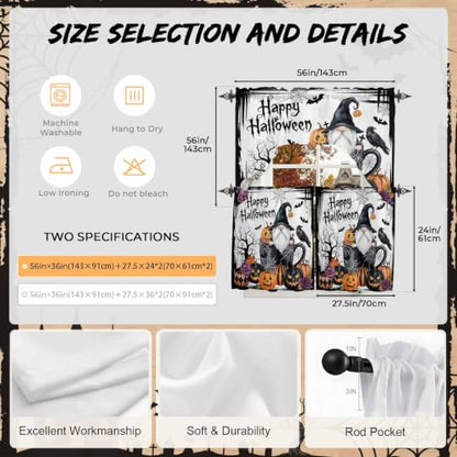 Halloween Swag Kitchen Curtains Set Black and White 3 Pieces with Snow & Orange Variations