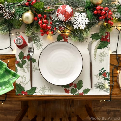 Christmas Holly Pine Cone Placemats Set of 4 - 12x18 Inch Seasonal Table Mats
