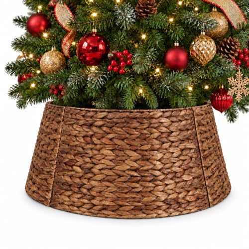 24 Inch Woven Water Hyacinth Wicker Christmas Tree Collar Basket with Cord Cutout